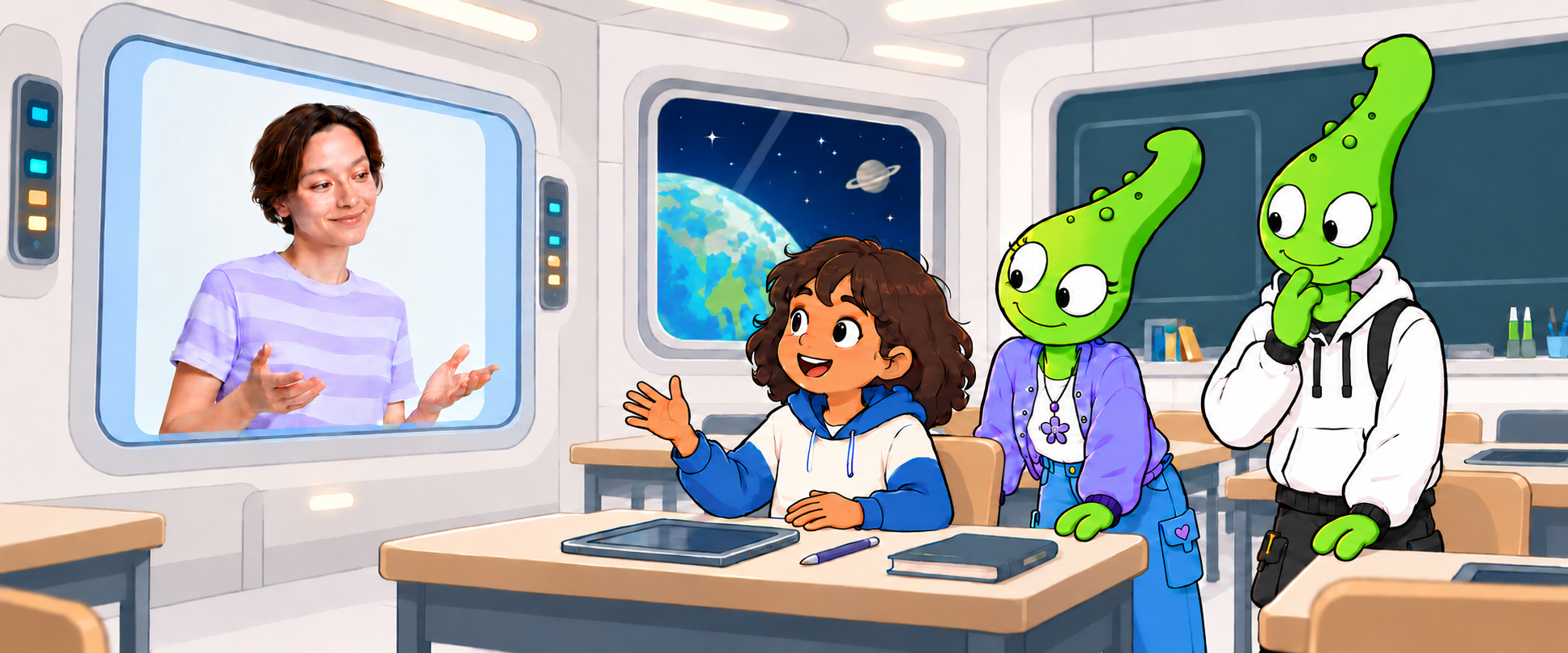 Ein Kind lernt zusammen mit Sakura und Skneet in einem Raumschiff-Klassenzimmer, während ein Coach per Videobildschirm zugeschaltet ist.