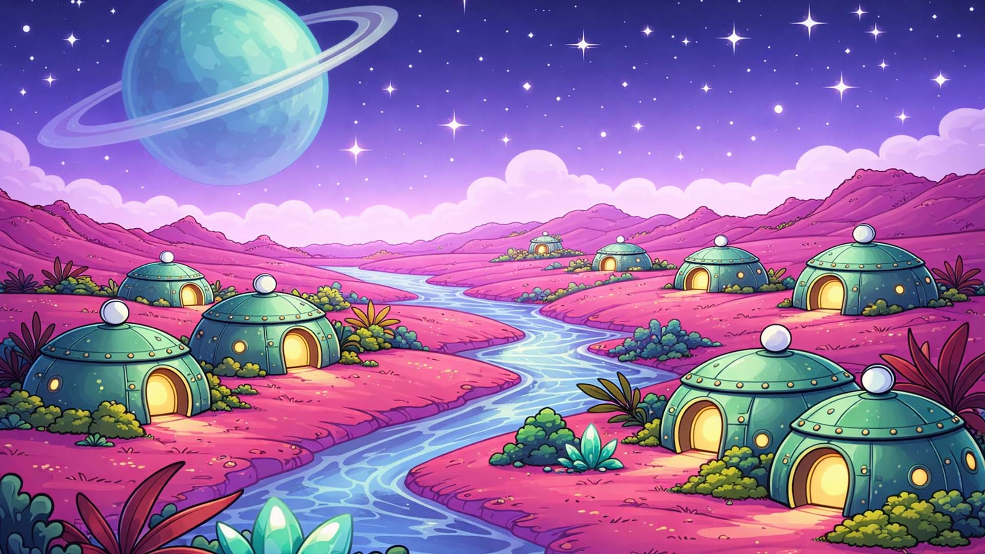 Der Planet Nobba: eine pinke Landschaft mit kuppelförmigen Häusern und einem Fluss unter einem Ringplaneten am Sternenhimmel.